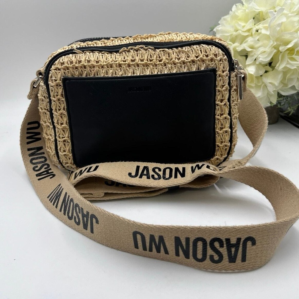 JASON WU Small Sylvia Straw Camera Crossbody Canvas Logo Adjustable Strap Bag